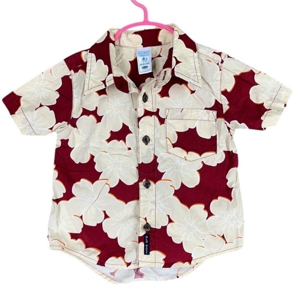 Old Navy Toddler Button Down Shirt Boys 12-18M Floral Hibiscus Tropical Summer